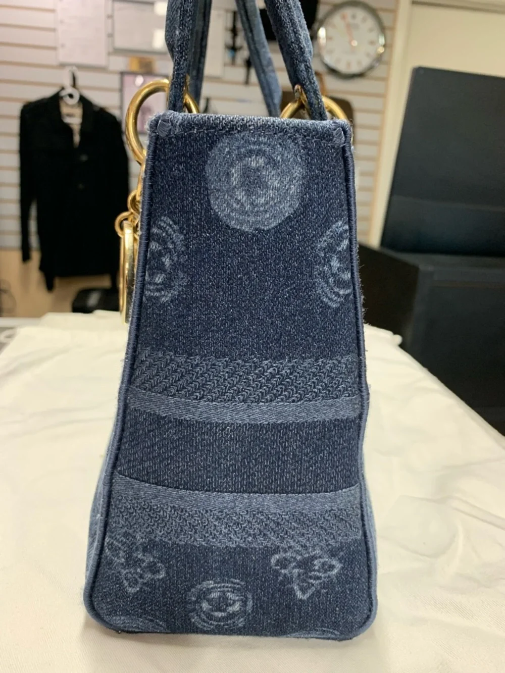 Christian Dior Lady D-Lite Floral Medium Blue Denim Bag
